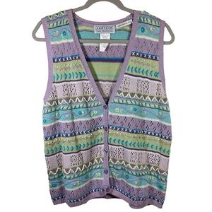 Vintage Jantzen Pastel Purple Floral Embroidered Knit Sweater Vest Size M